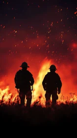 Two Firefighters Standing Before Intense Wildfire Silhouetted Ablaze