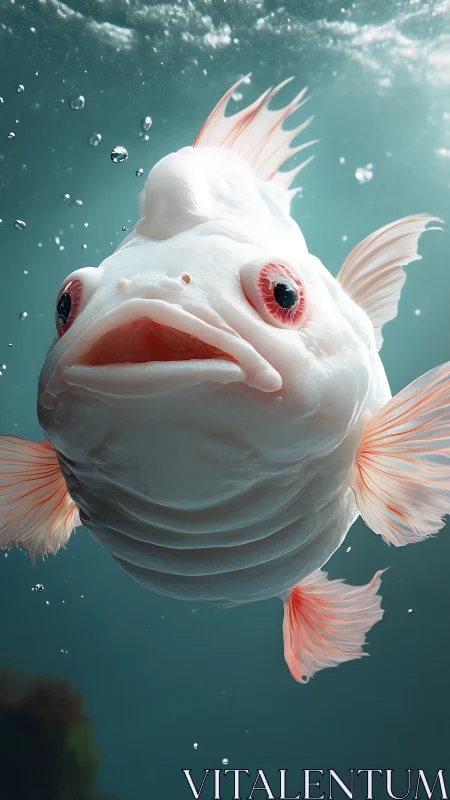 Albino fish portrait with translucent fins in teal water.