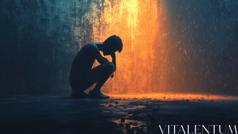 Silhouetted figure kneels in rain before searing light wall