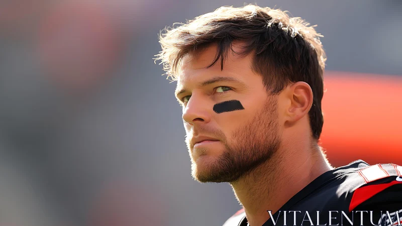 Focused football player in sunlight, ready for the moment.