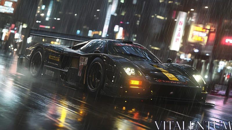 Midnight GT race car rendering on neon-soaked city street.