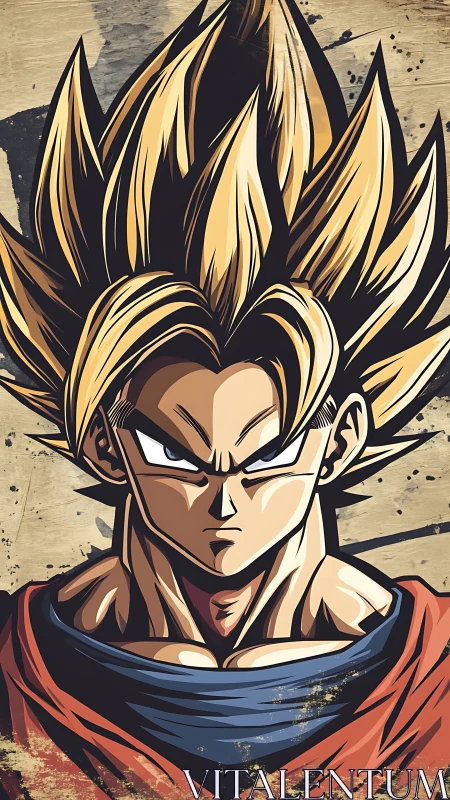 Spiky haired anime warrior portrait on distressed ground.