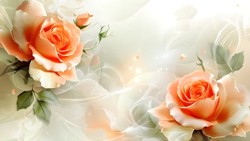 Peachy Orange Roses with Ethereal White Accents and Botanical Elements.