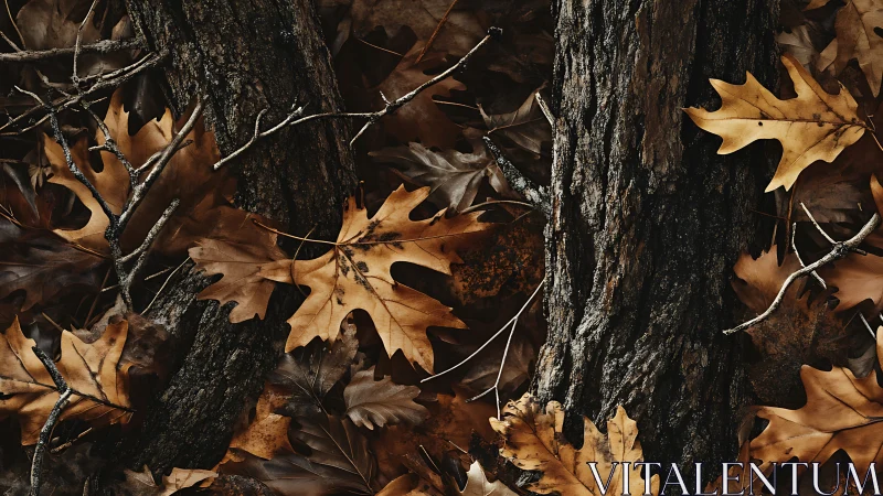 Autumn oak leaves gather around textured tree bark trunks.