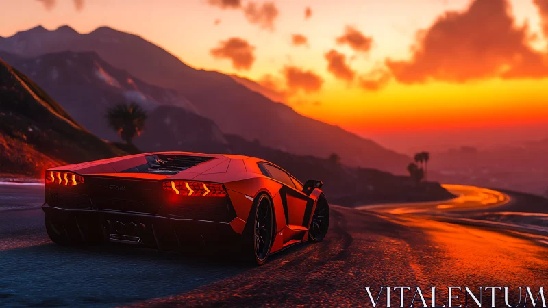 Red sports car on wet mountain road at vivid sunset.