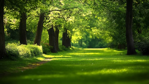 Sunlit tree tunnel leading toward a quiet green escape.
