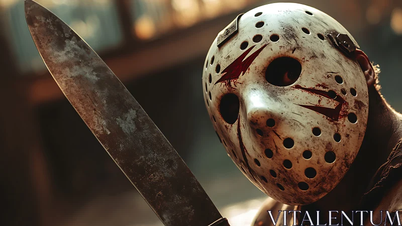 Masked slasher with bloodstained machete in dim light.