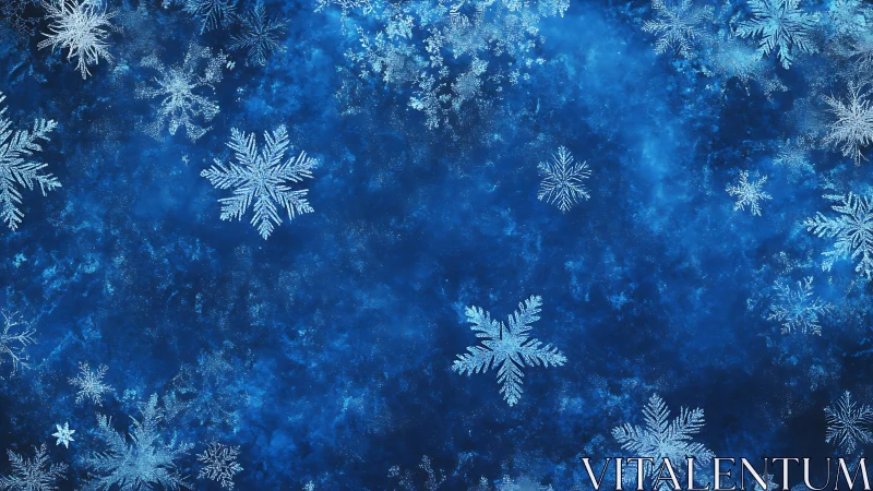 Intricate crystalline snowflakes over deep frosted blue field.