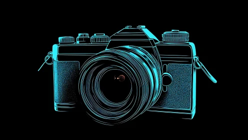 Neon outline camera hums with retro-futurist photo magic.