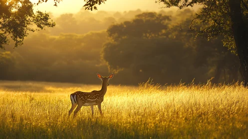 Young deer stands in backlit grassland during low sunrise