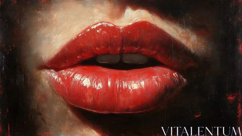 Glossy red lips hover against dark textured background
