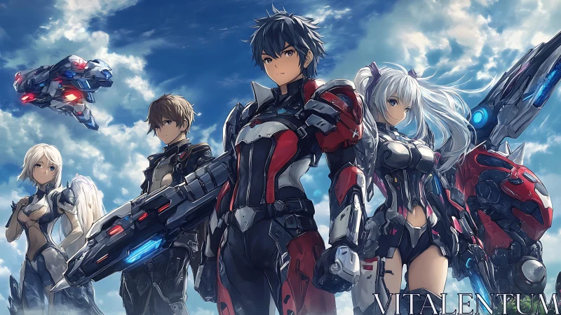 Armored anime squad stands ready beneath bright open sky