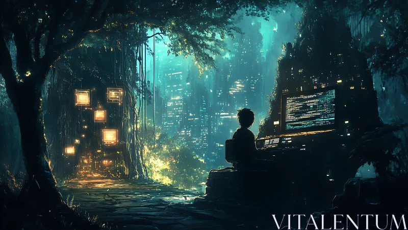 Forest coder integrates neon city signals with glowing console.