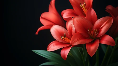 Vibrant Red Amaryllis Blooms Against Black Background.