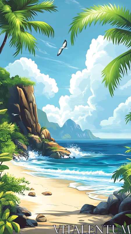 Tropical Beach Cove with Soaring Bird and Mountain Vista.