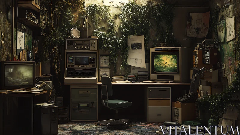 Vintage computer workspace integrates overgrown interior vegetation