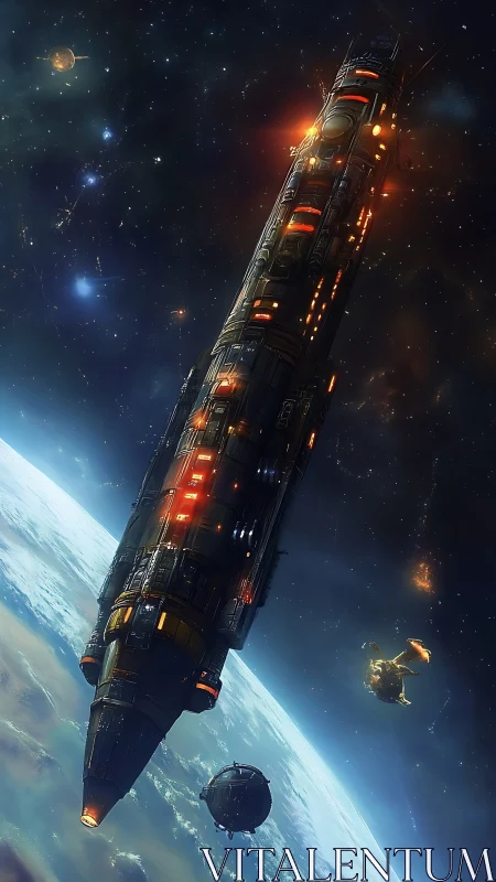 Colossal starship glides above Earth in neon-lit deep space