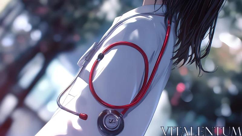 Clinical stethoscope drape on anime clinician’s white coat.