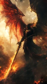 Armored hellknight with flaming greatsword framed by infernal wings