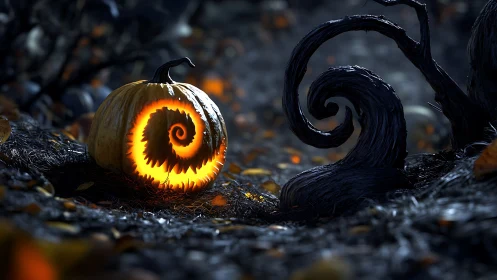 Glowing spiral jack o’ lantern warms a shadowy forest floor