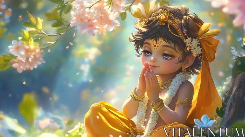 Child deity figure prays in floral garden with soft light