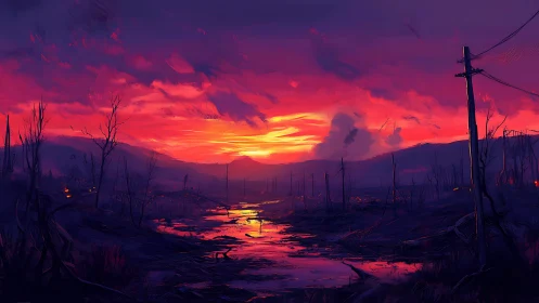 Post-apocalyptic floodplain under incandescent magenta sunset.