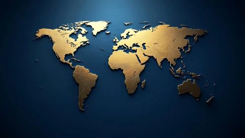 Golden world map softly glowing on deep blue backdrop.