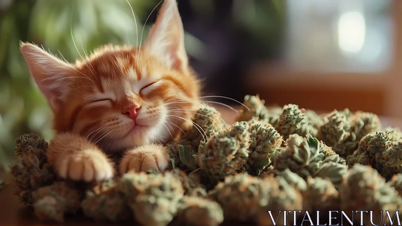 Ginger Cat Rests Against Delicate Botanical Foliage Structure.