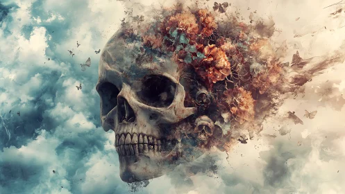 Skull dissolving into flowers, clouds and butterflies.