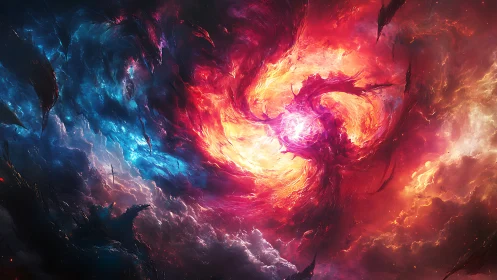 Cosmic nebula vortex ignites swirling red and blue storm.
