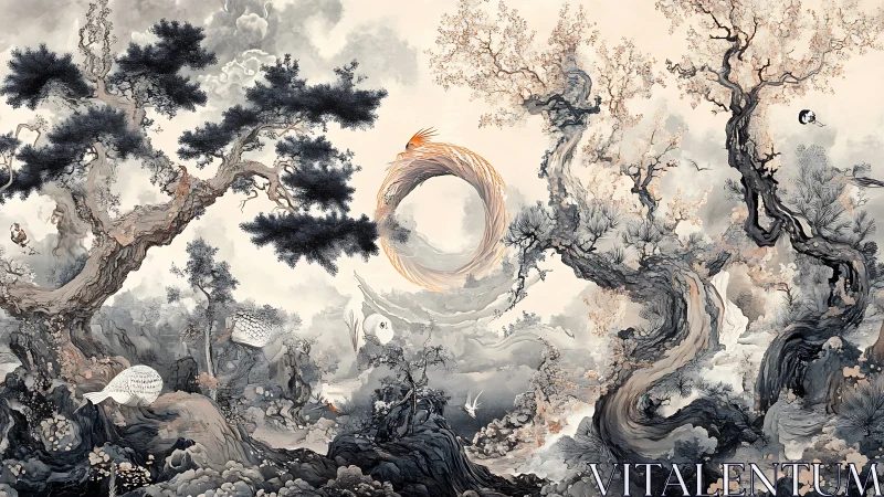 Mythic ouroboros ascends above mist-laden ink landscape