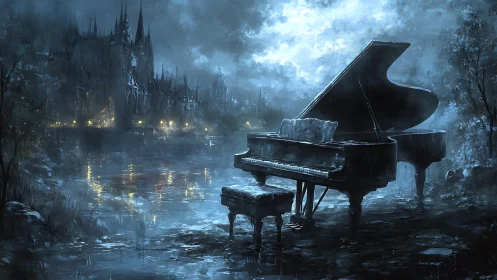 Moonlit grand piano haunts foggy lakeside ruins at night.