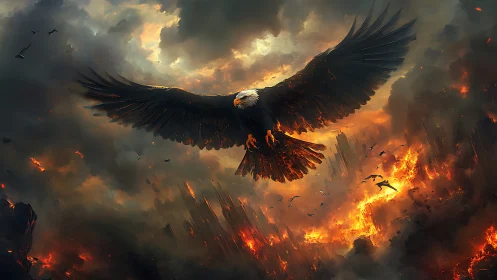 Majestic Bald Eagle Soars Over Apocalyptic Fiery Landscape, Digital Art.