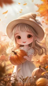 Autumn pumpkin-magic girl beaming in a dreamy golden field.