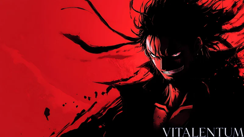 High-contrast anime portrait uses red-black palette and dynamic ink splatter