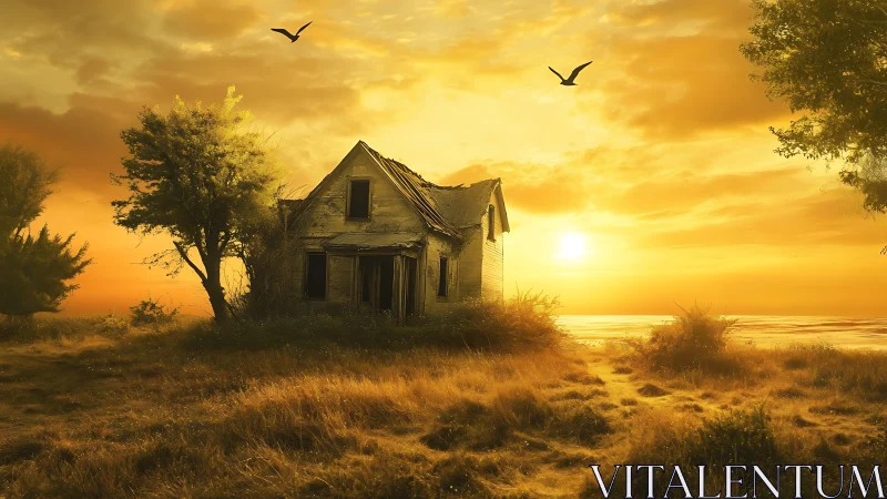 Golden sunset cottage wrapped in quiet coastal magic.