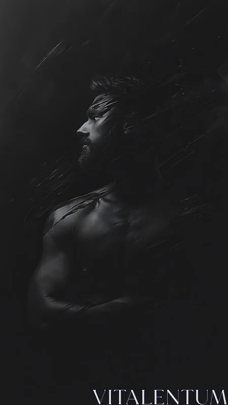 Moody low key portrait of muscular bearded man in profile.