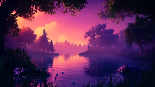 Twilight river hush beneath neon-sorbet storybook skies.