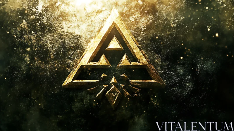 Golden tri-force crest blazing through cosmic duststorm.