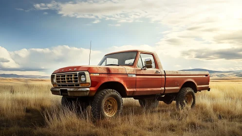Sunlit vintage pickup truck waits patiently in golden fields