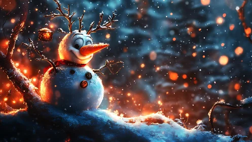 Whimsical snowman glows amid fiery winter bokeh lights.