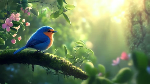 Vibrant Bluebird on Mossy Branch in Dreamy Spring Forest Scene.