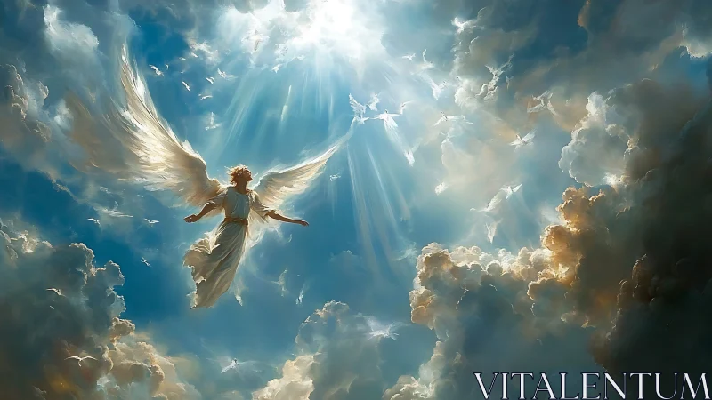 Radiant celestial angel ascending through luminous clouds.