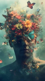 Surreal male portrait with floral explosion and butterflies emerging.