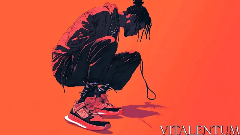 Chromatic vector study of crouched streetwear silhouette on orange.