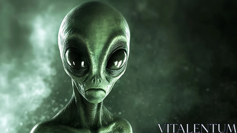 Gentle green alien gazes out from a softly lit galaxy.