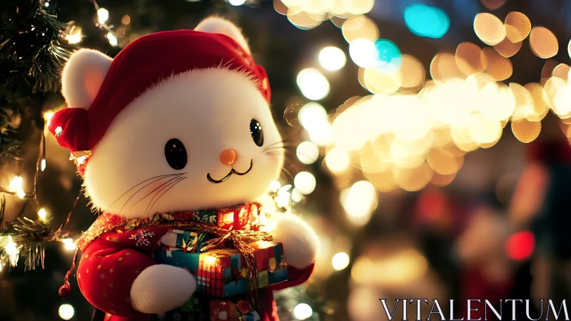 Cozy holiday cat plush with gifts under sparkling lights.