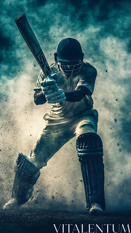 Stormlit cricket striker carving power from swirling dust.