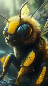 Close-up rendering depicts large bee with reflective eyes