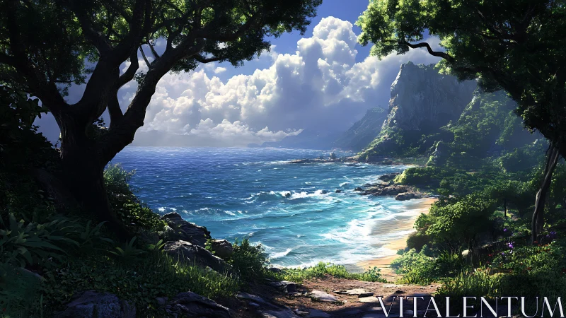 Coastal Vista: Framed Beach Landscape with Volcanic Geology.